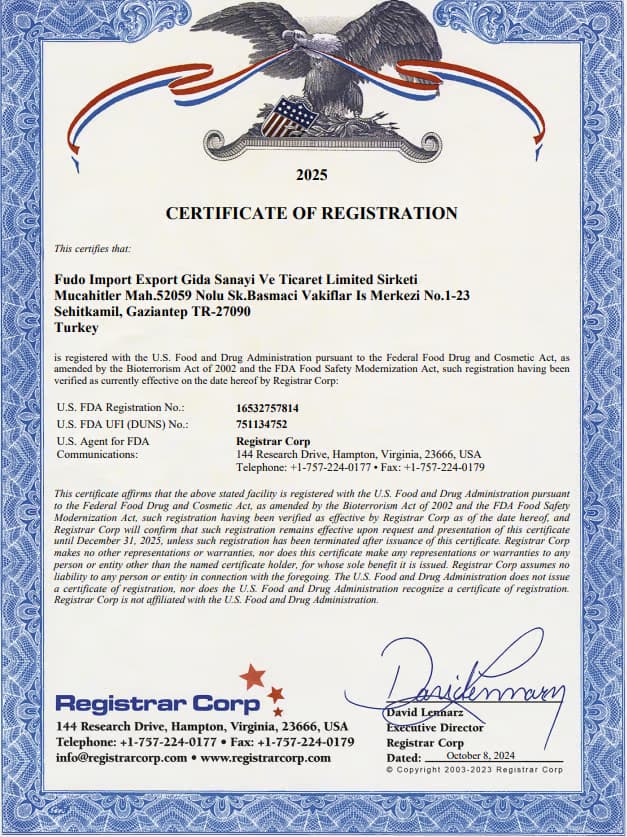 Certificado de registro na Food and Drug Administration dos Estados Unidos